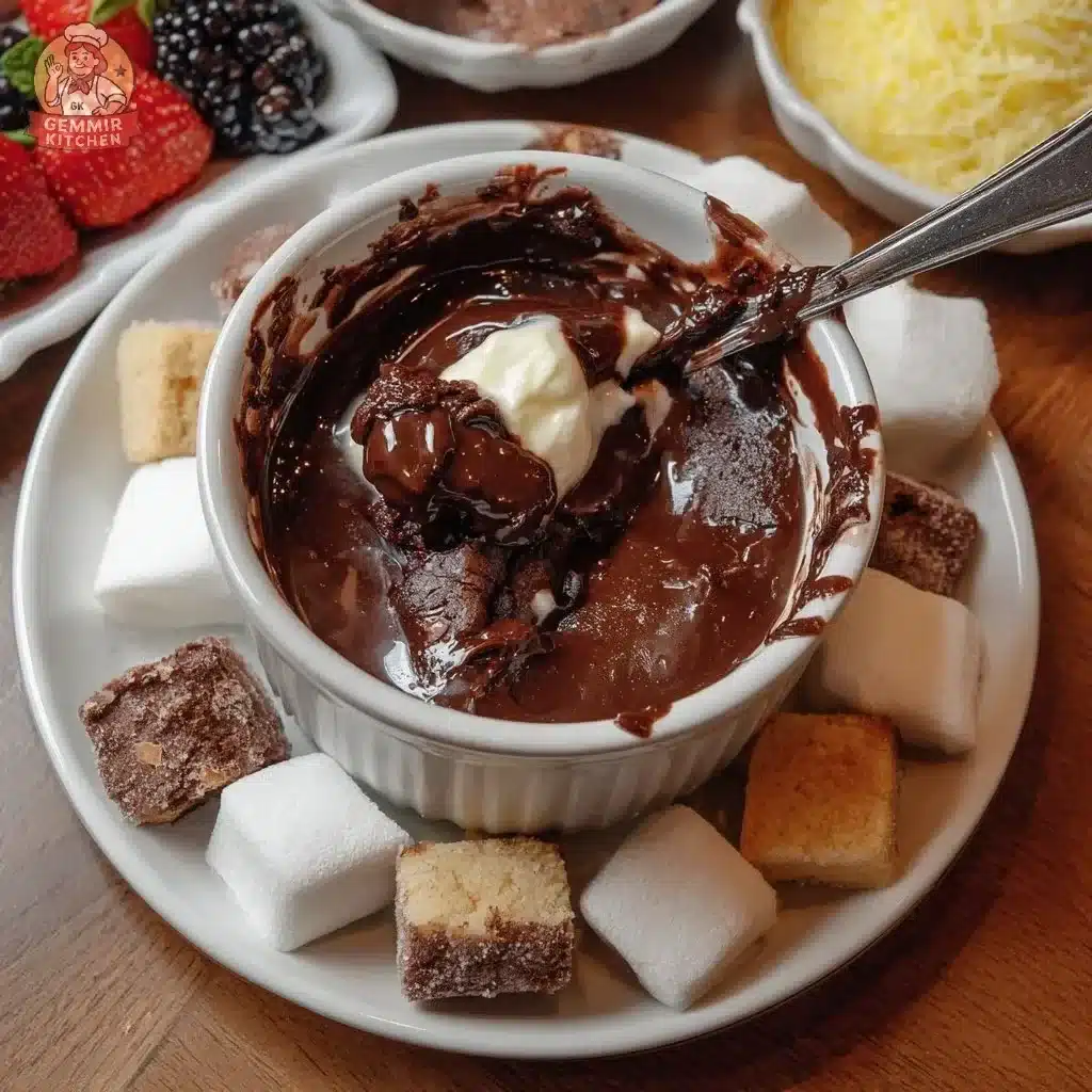 Creamy mascarpone chocolate fondue with fruits and marshmallows for dipping