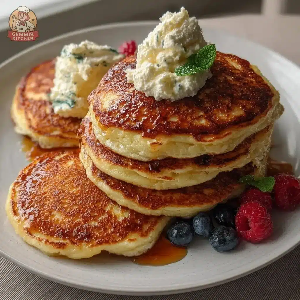 Fluffy vanilla ricotta pancakes topped with fresh blueberries