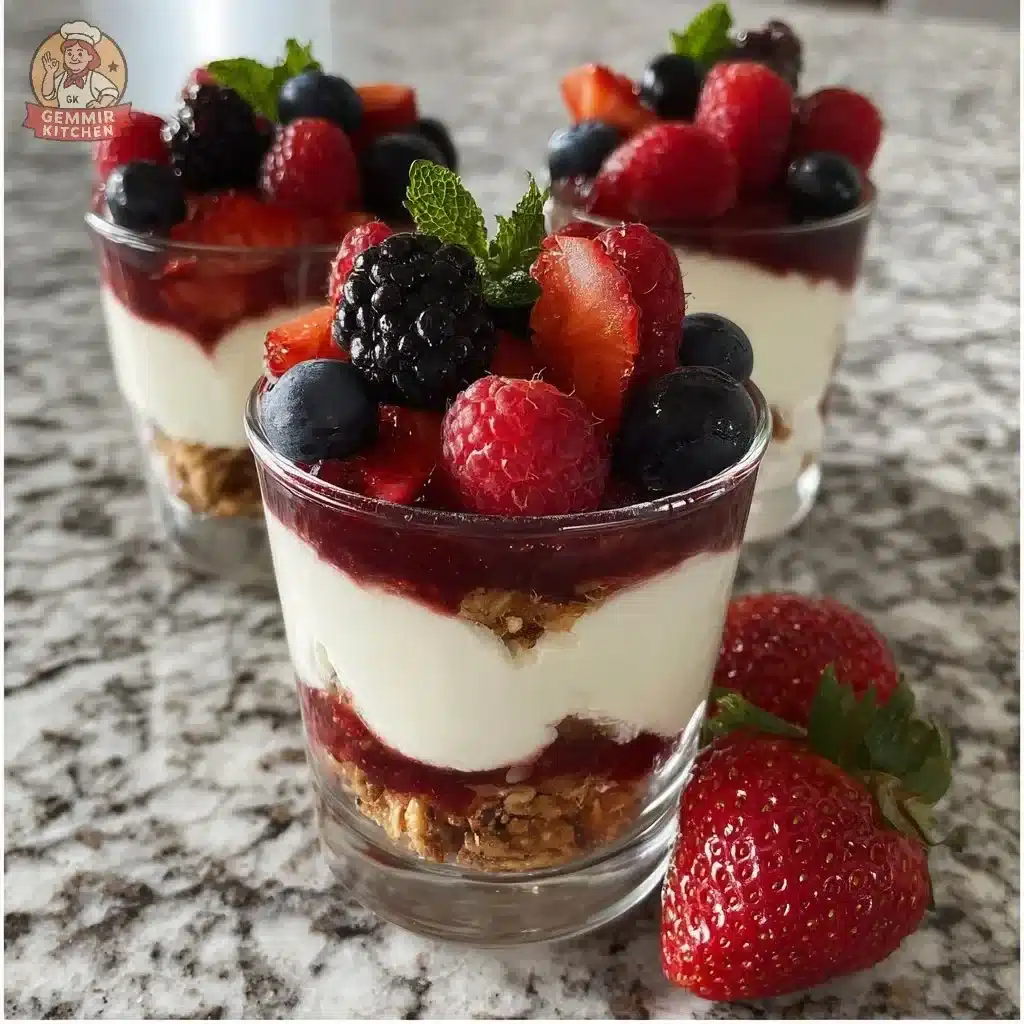 Mixed berry ricotta parfaits layered with yogurt and fresh berries