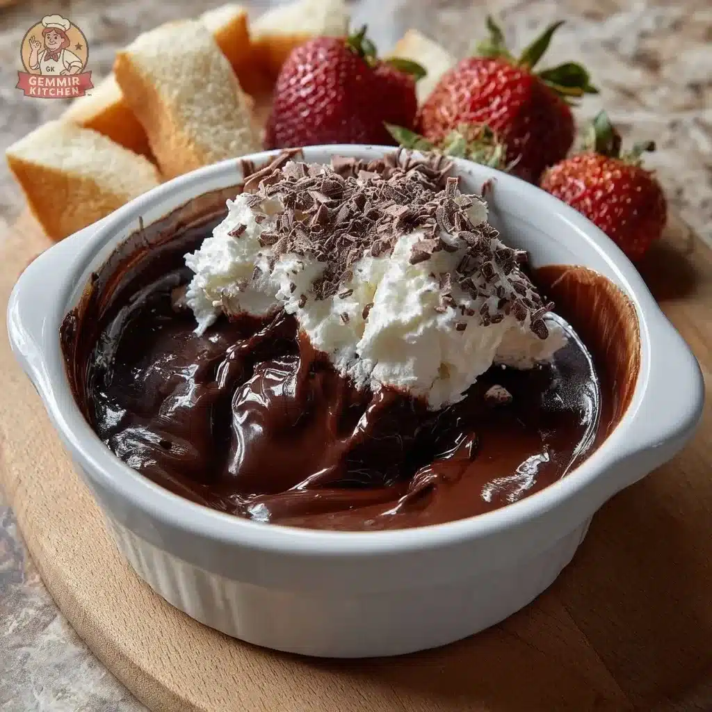 Molten Chocolate Mascarpone Fondue served with fresh fruits and dipping items.
