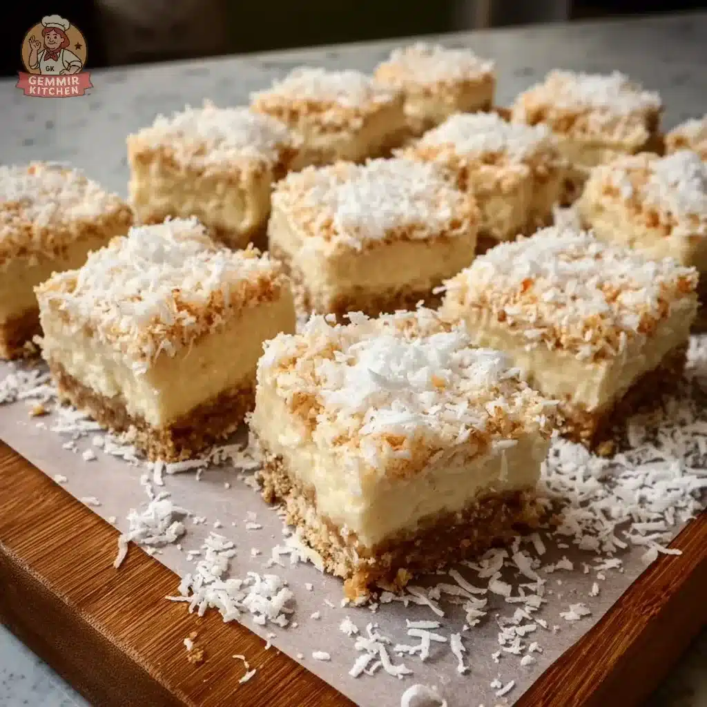 No-bake coconut ricotta squares served on a plate with coconut flakes on top.