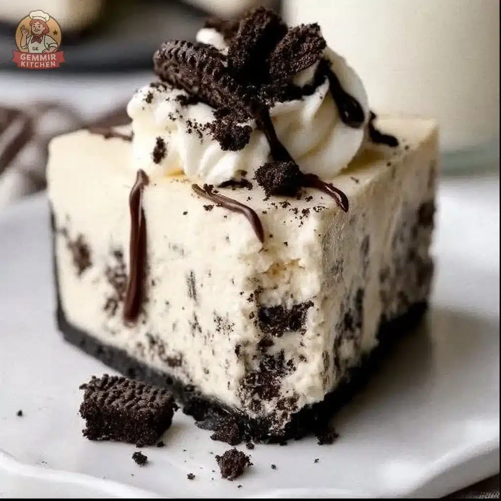 A delicious no bake Oreo cheesecake topped with crushed Oreos and chocolate drizzle.