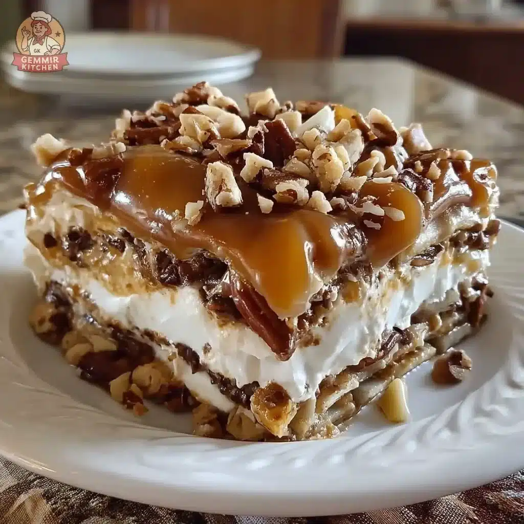 No-Bake Turtle Lasagna Dessert 3 Delicious no-bake turtle lasagna dessert with layers of chocolate and caramel