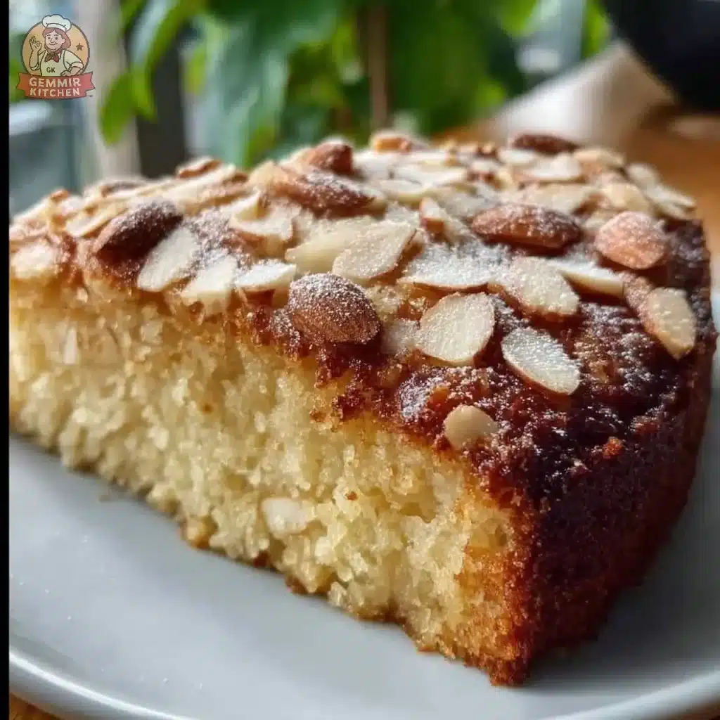 One-Bowl Almond Ricotta Coffee Cake topped with almonds and fresh fruit