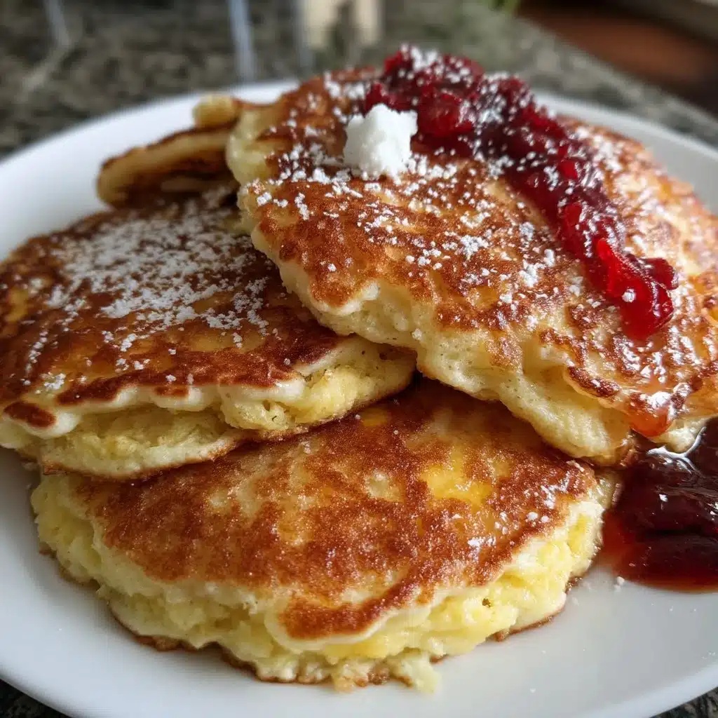 A stack of fluffy orange ricotta pancakes topped with syrup and orange zest