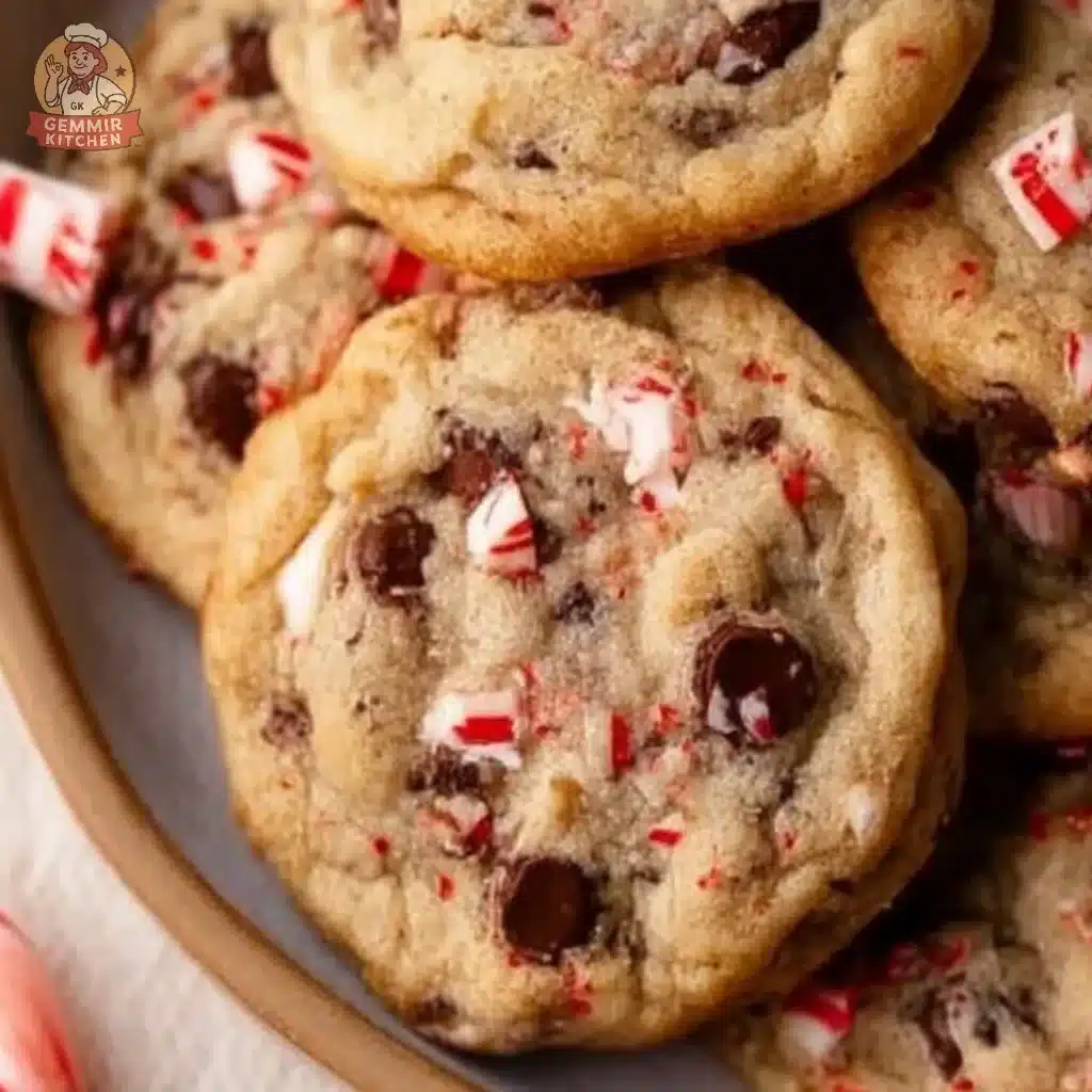 Batch of freshly baked peppermint chocolate chip cookies on a cooling rack