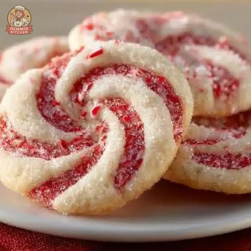 Peppermint Swirl Cookies 3 Delicious peppermint swirl cookies decorated with red and white swirls.