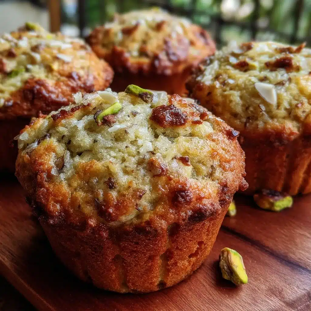 Freshly baked Pistachio Almond Ricotta Muffins on a wooden table.