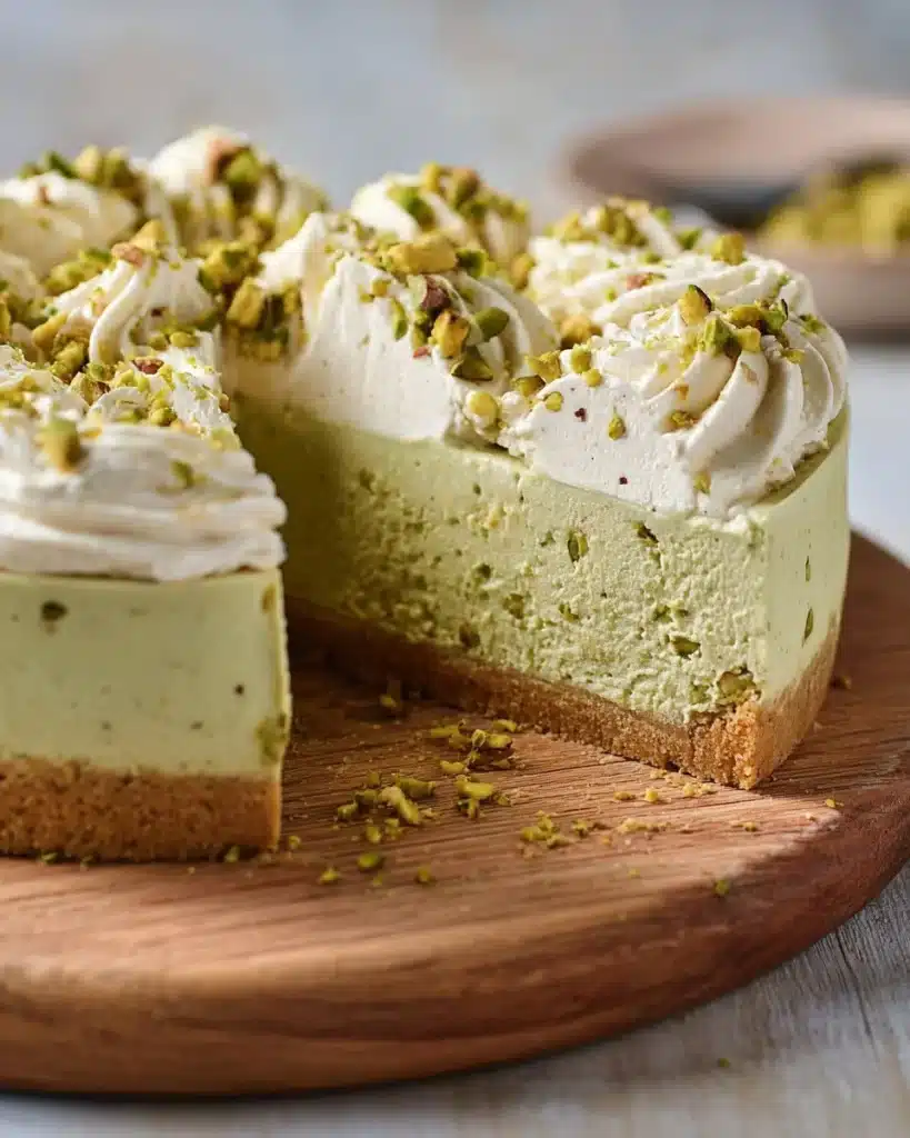 Delicious pistachio cheesecake topped with crushed pistachios on a dessert plate.