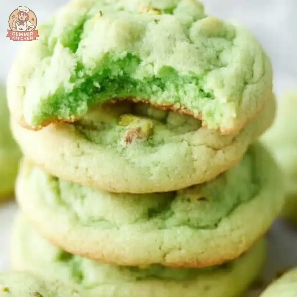 Deliciously soft and chewy pistachio pudding cookies on a plate