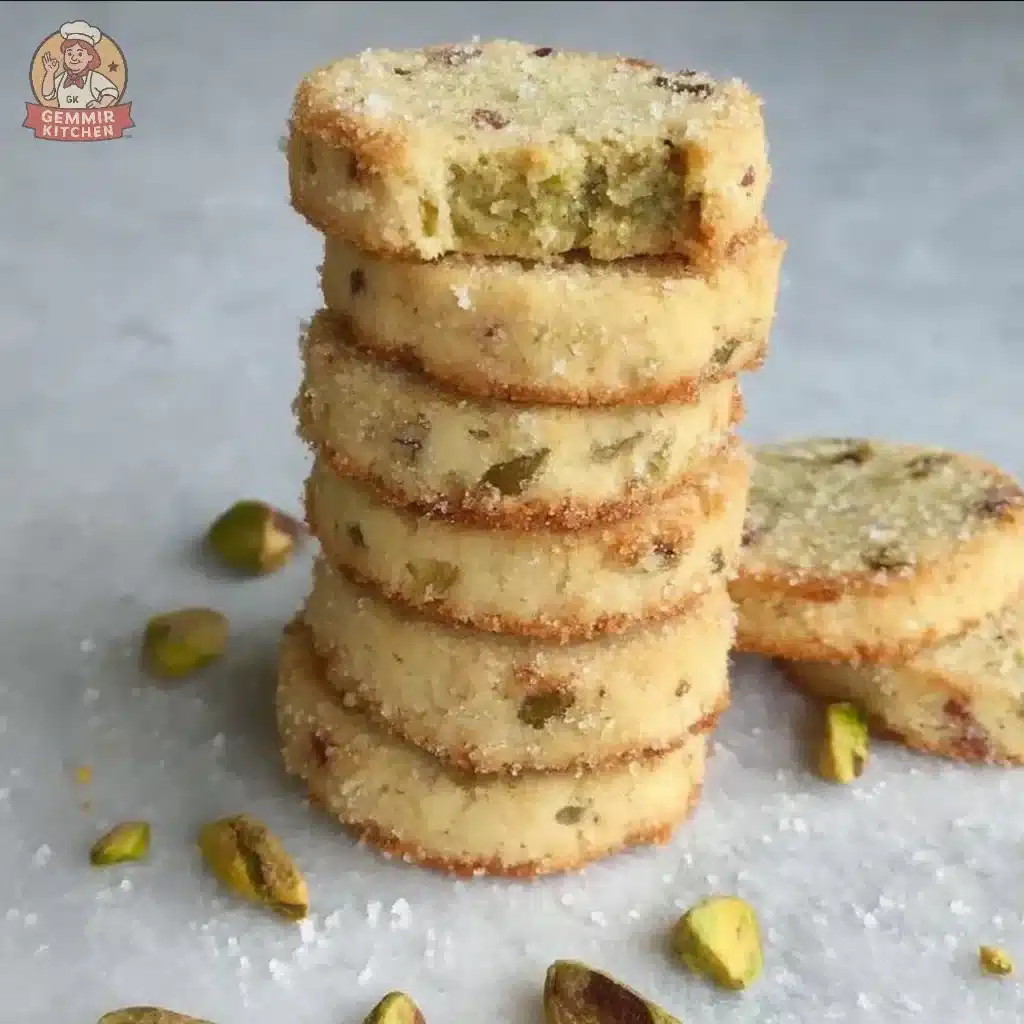 Freshly baked Pistachio Shortbread Cookies on a plate
