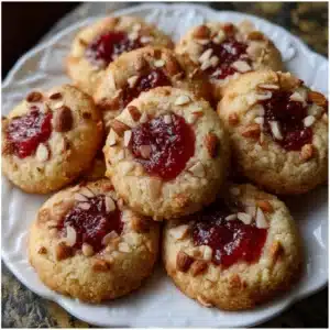 Raspberry almond ricotta thumbprint cookies on a plate