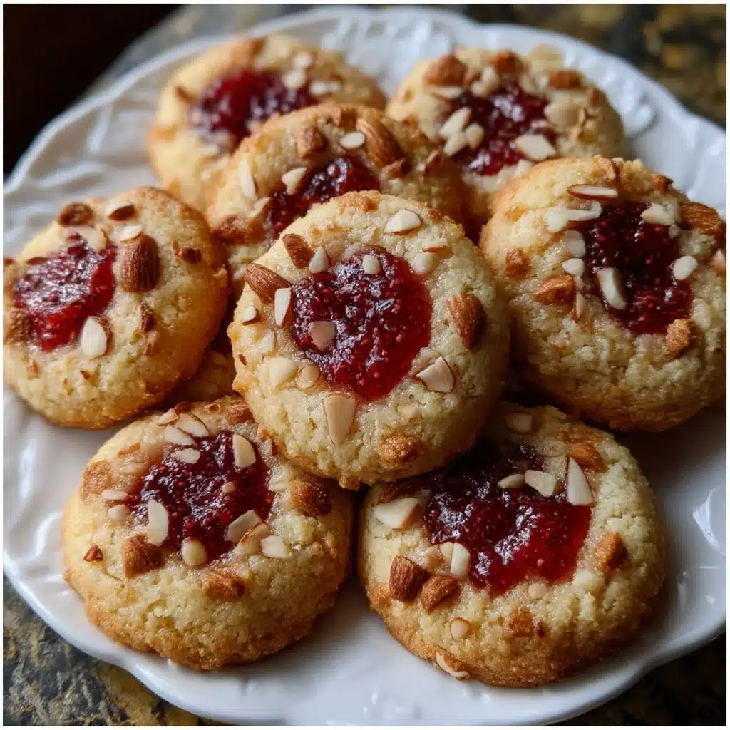 Raspberry almond ricotta thumbprint cookies on a plate