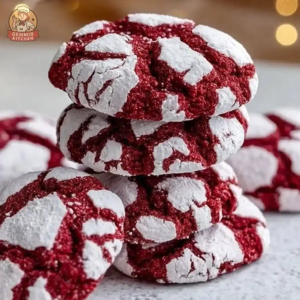 Freshly baked red velvet crinkle cookies on a cooling rack