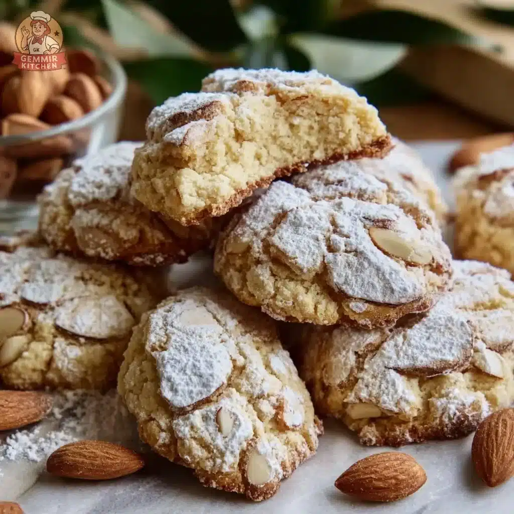 Plate of homemade Ricciarelli Italian almond cookies dusted with powdered sugar.