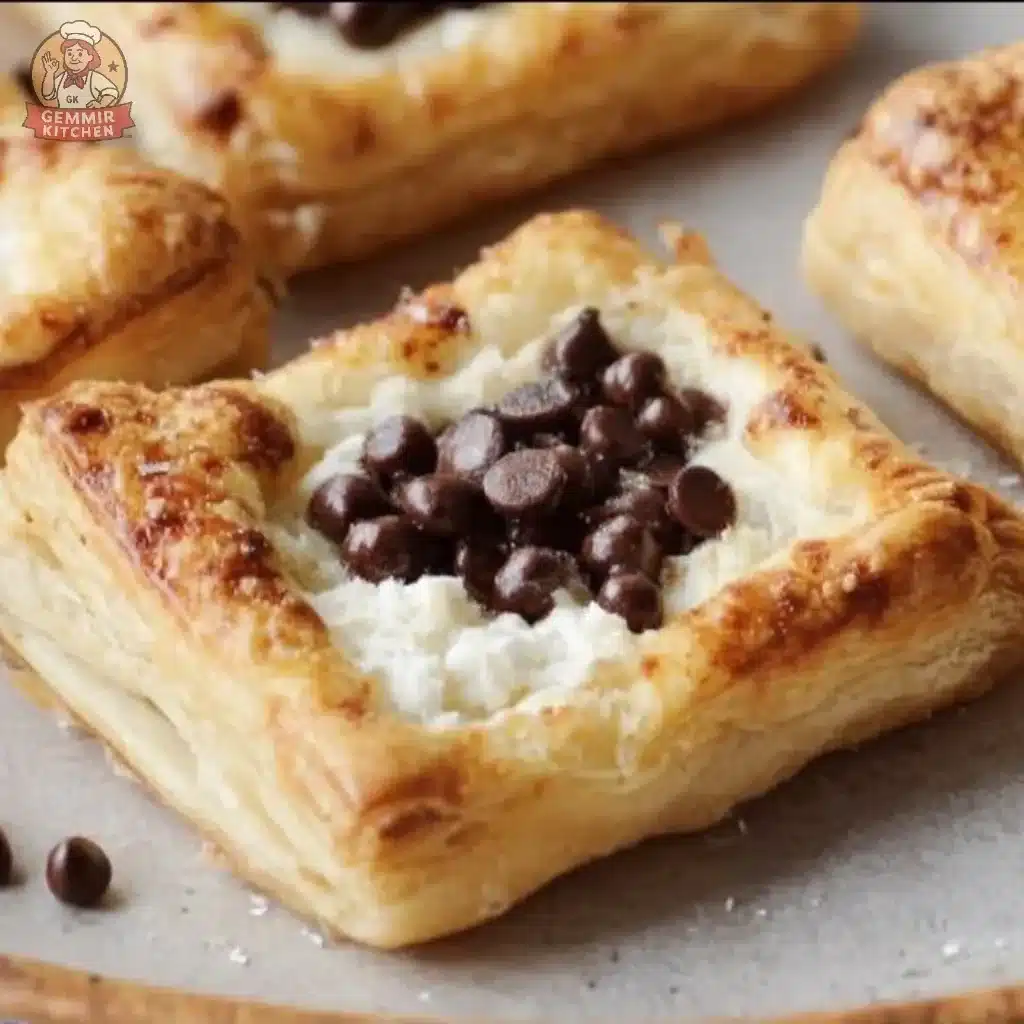 Delicious ricotta chocolate chip pastry squares on a wooden plate.