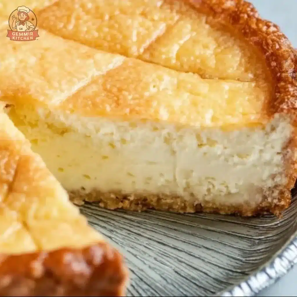 A delicious homemade Ricotta Pie topped with fresh fruit and a dusting of powdered sugar.