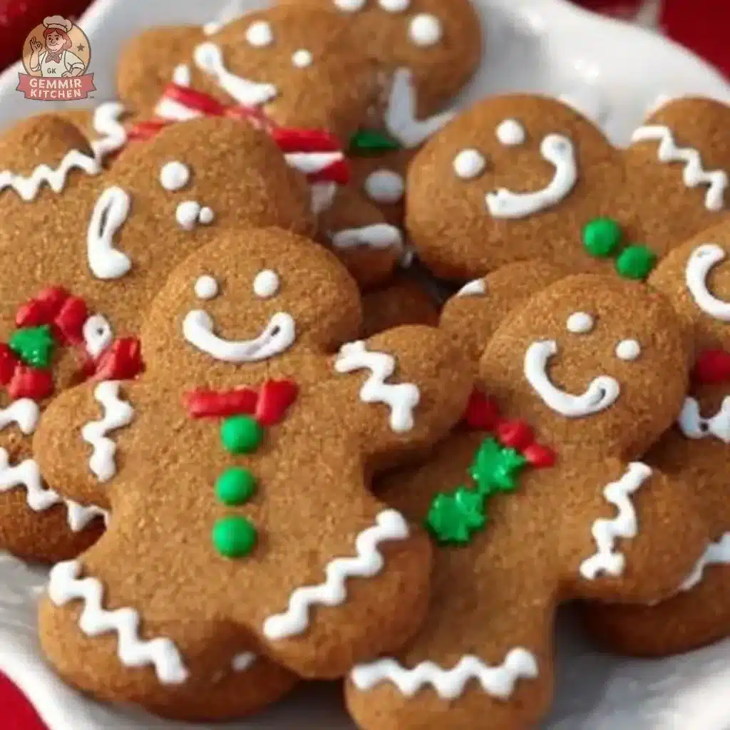 Soft and chewy gingerbread men cookies on a festive plate