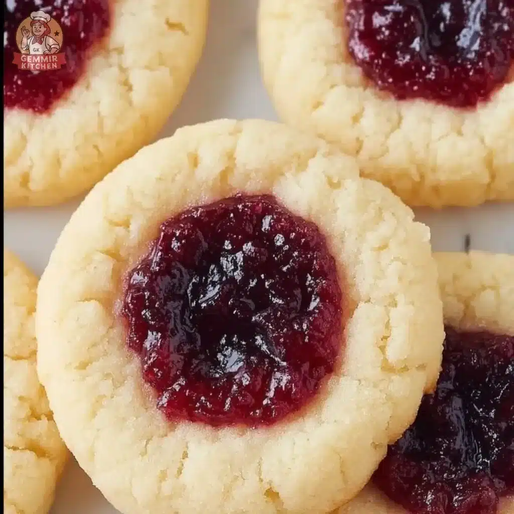 Plate of Soft Christmas Thumbprint Cookies with colorful jam centers