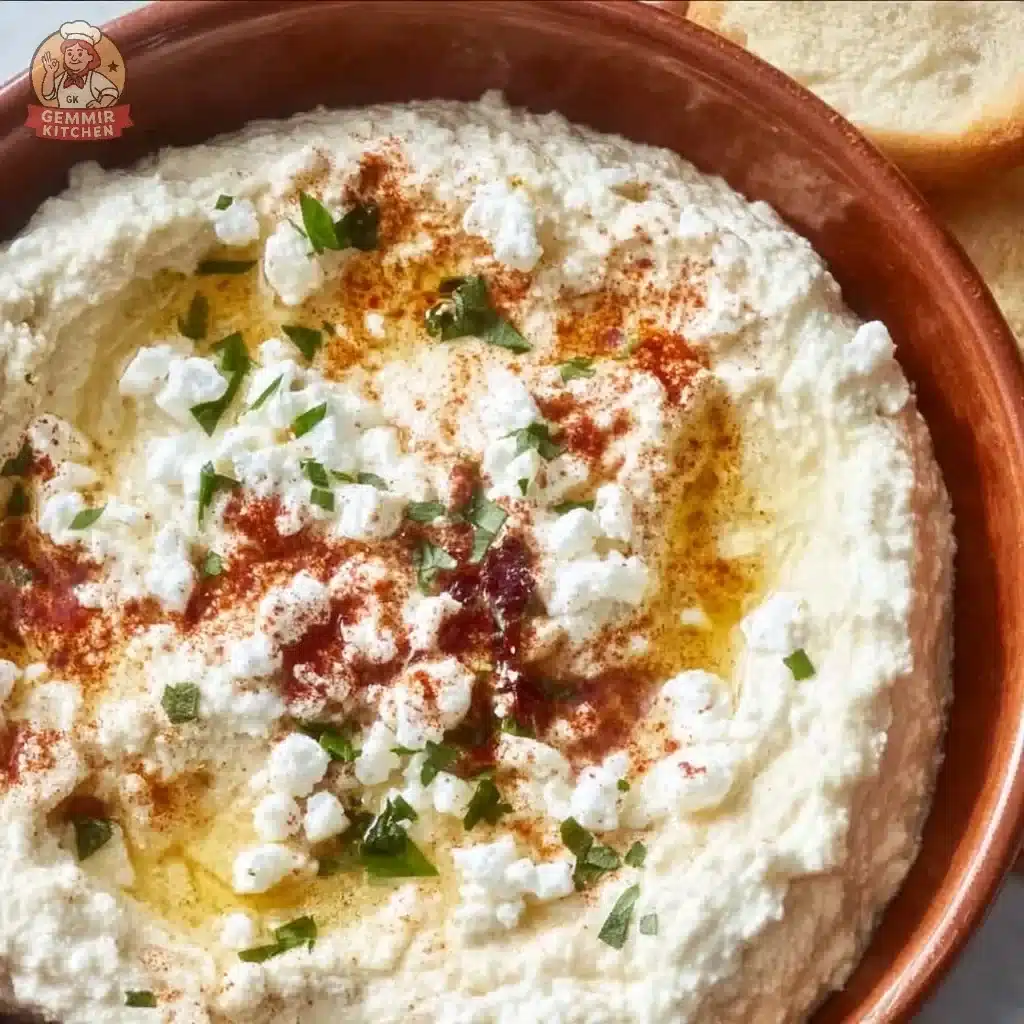 Bowl of spicy feta dip garnished with herbs and served with pita chips