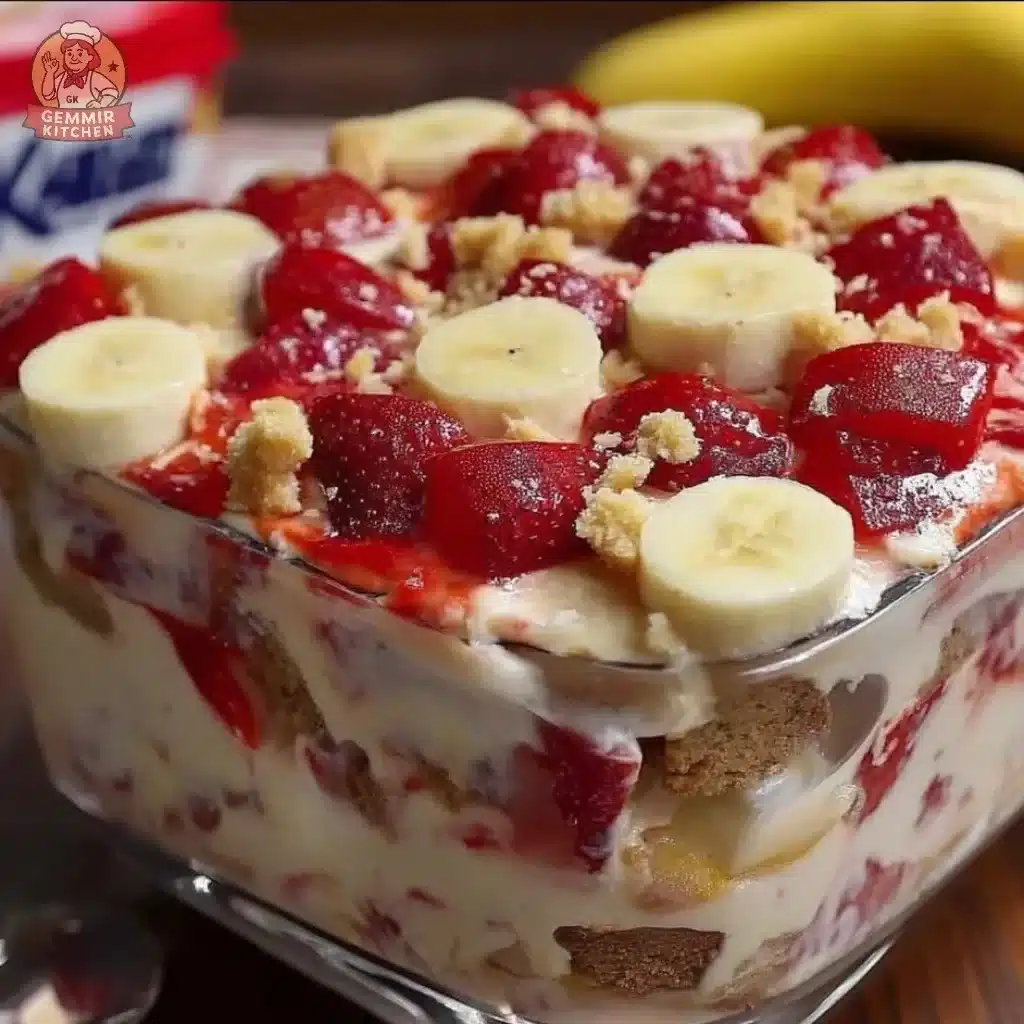 Delicious Strawberry Banana Pudding dessert with fresh strawberries and bananas
