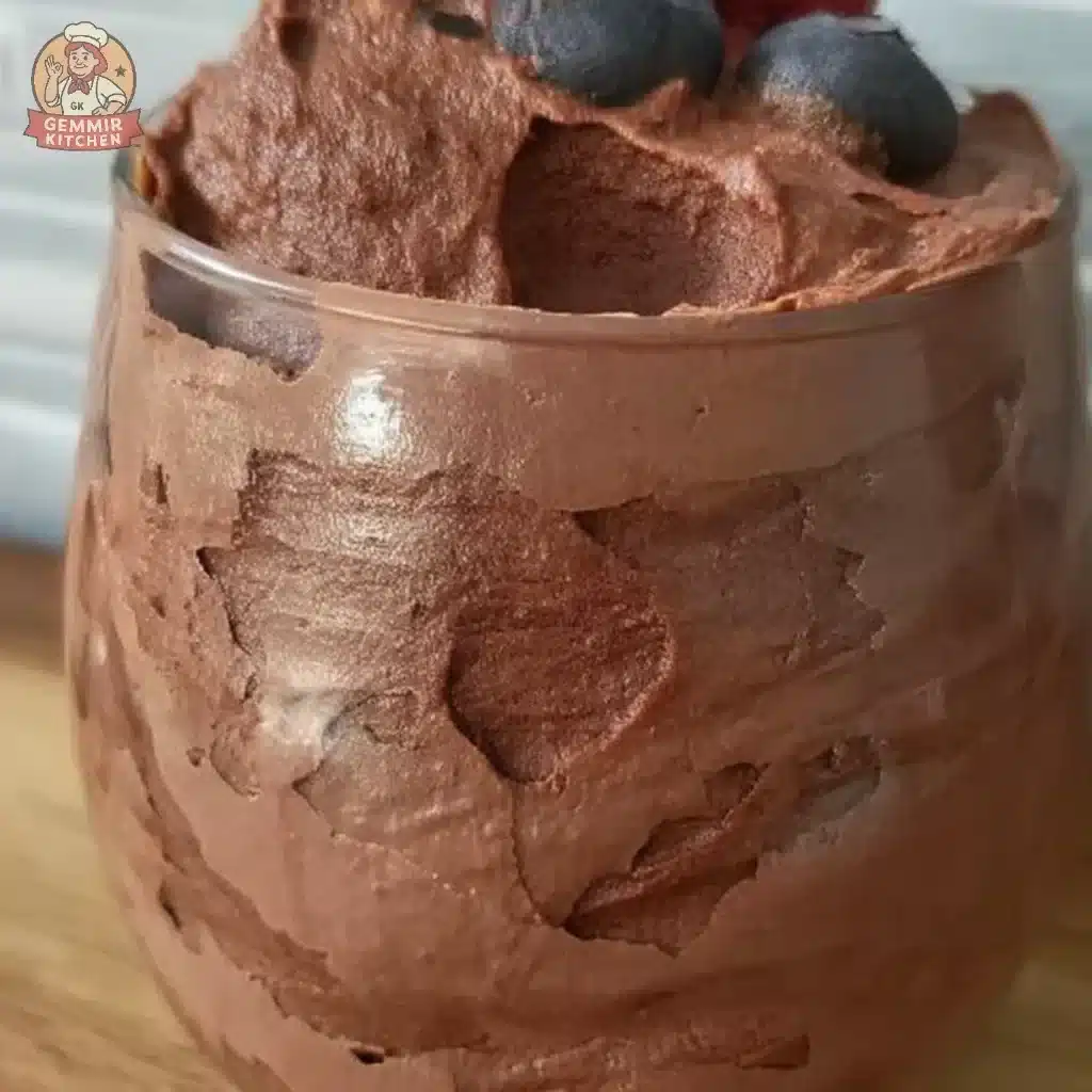 Delicious homemade mousse dessert in a bowl with chocolate garnish