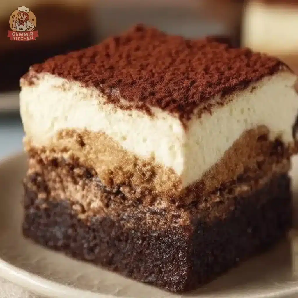 Delicious tiramisu brownies topped with cocoa powder and coffee flavor.