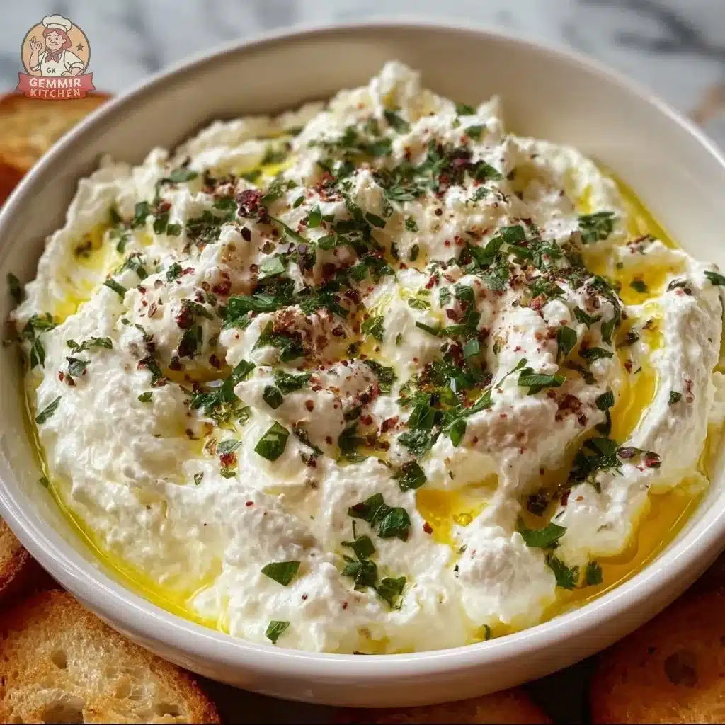 Whipped feta and ricotta dip with roasted garlic in a serving bowl.