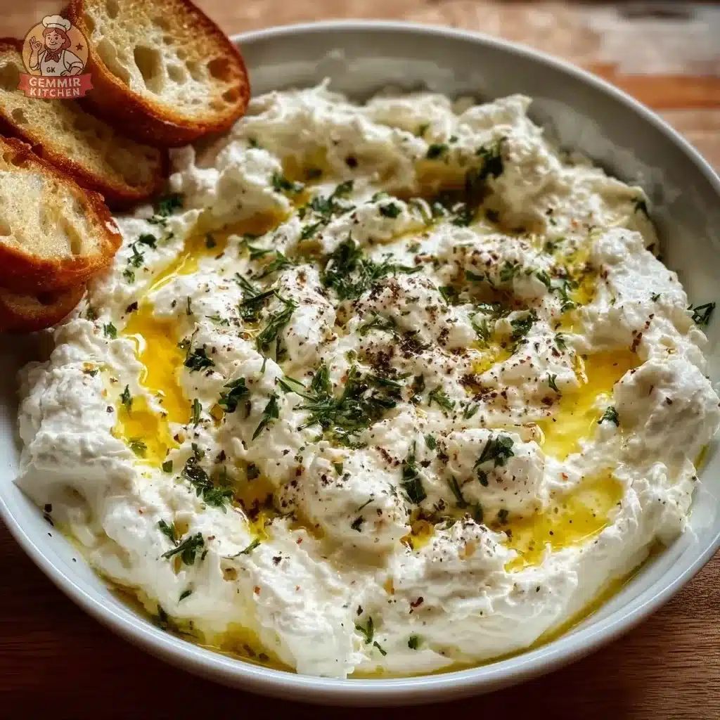Whipped feta dip with roasted garlic and ricotta in a serving bowl