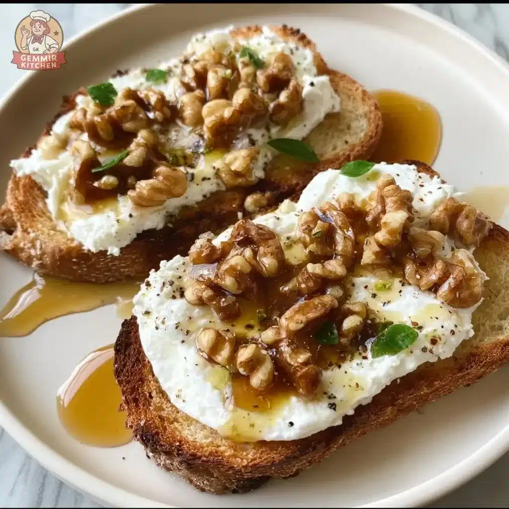 Whipped ricotta spread on toast topped with maple walnut