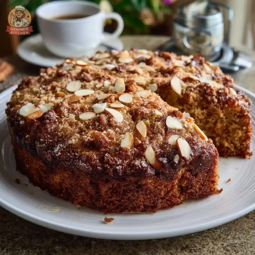 Delicious slice of Winter Spice Almond Coffee Cake with almond toppings.