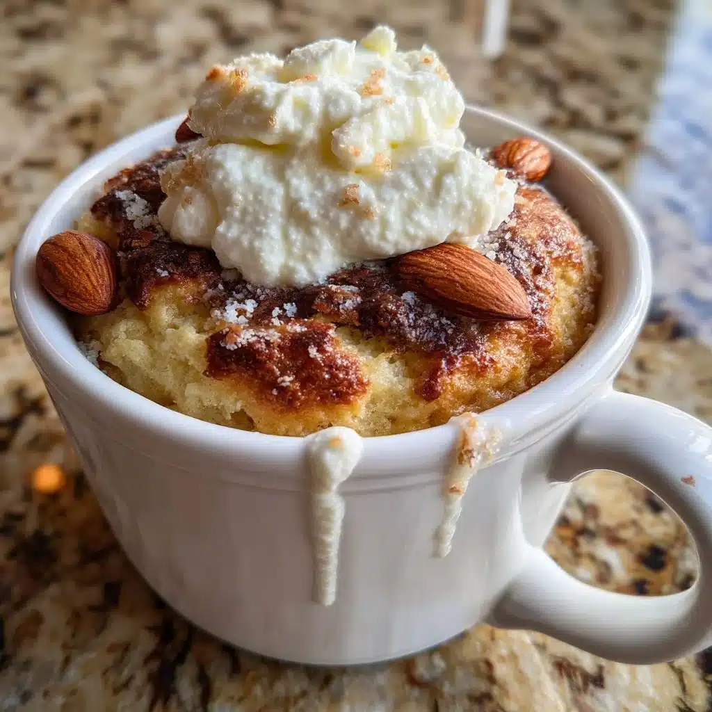 Cozy almond ricotta mug cake topped with almonds and served in a mug