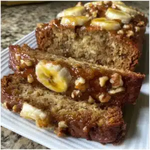 Freshly baked Banana Nut Bread with walnuts on a wooden table.