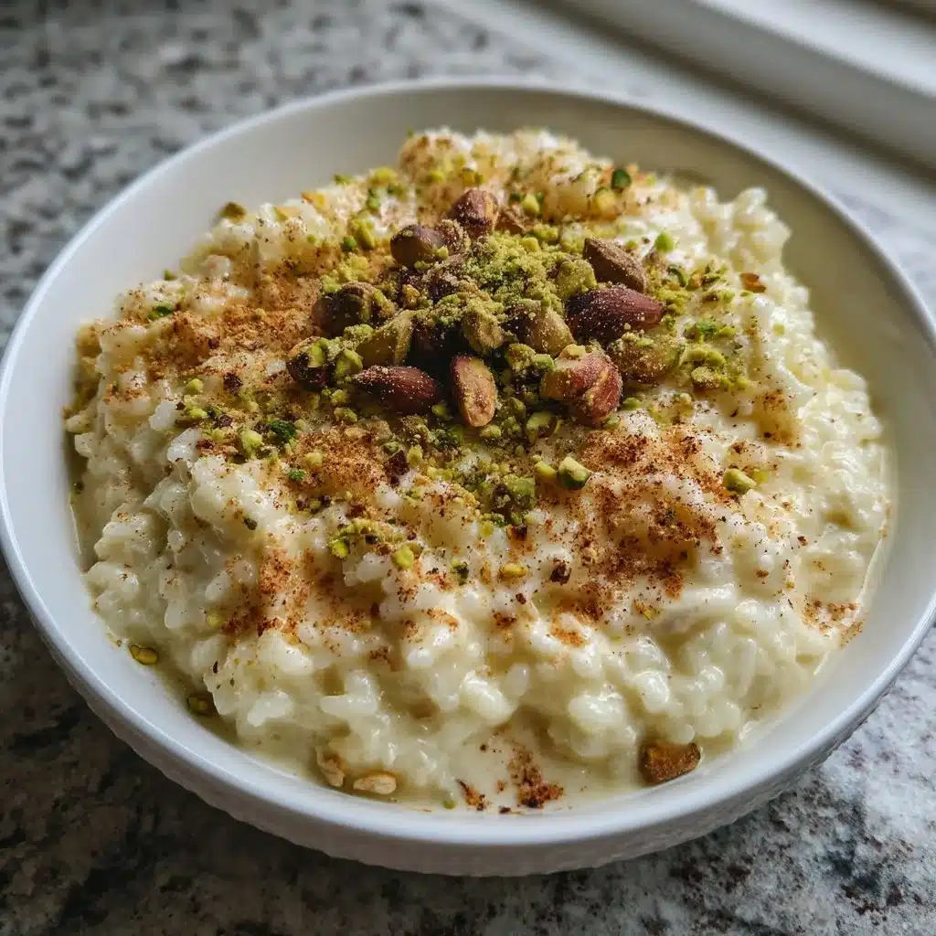 Coconut Pistachio Rice Pudding served in a bowl garnished with pistachios and coconut flakes.