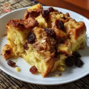 Delicious and warm old-fashioned bread pudding served in a bowl.