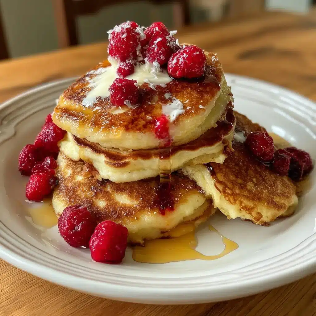 Fluffy Raspberry Ricotta Pancakes drizzled with honey on a plate