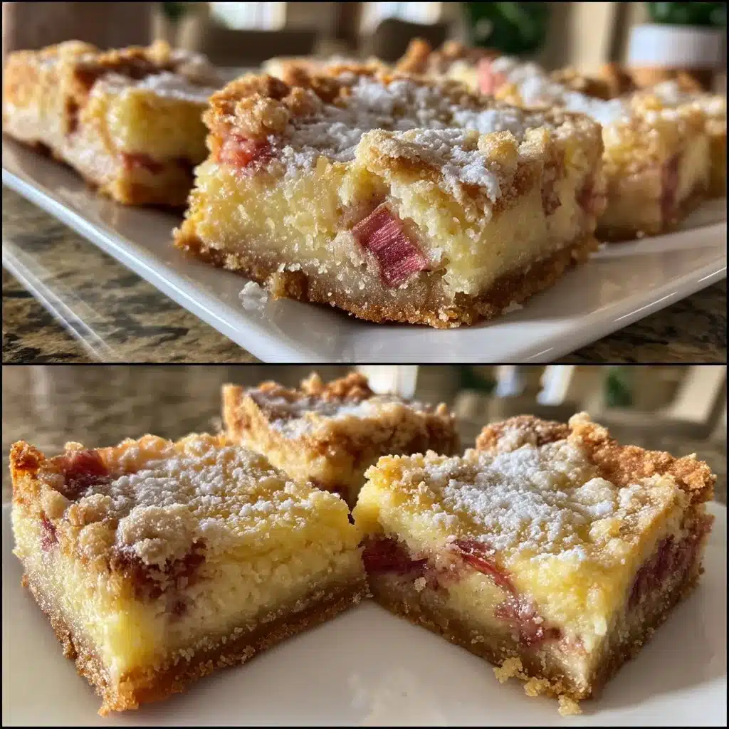 Delicious Rhubarb Custard Ricotta Bars with a creamy texture and fruity topping