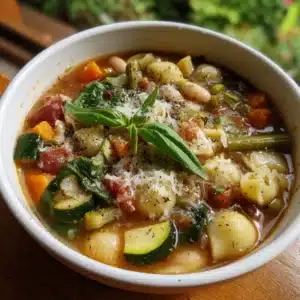 Bowl of veggie-packed minestrone soup filled with colorful vegetables and pasta.