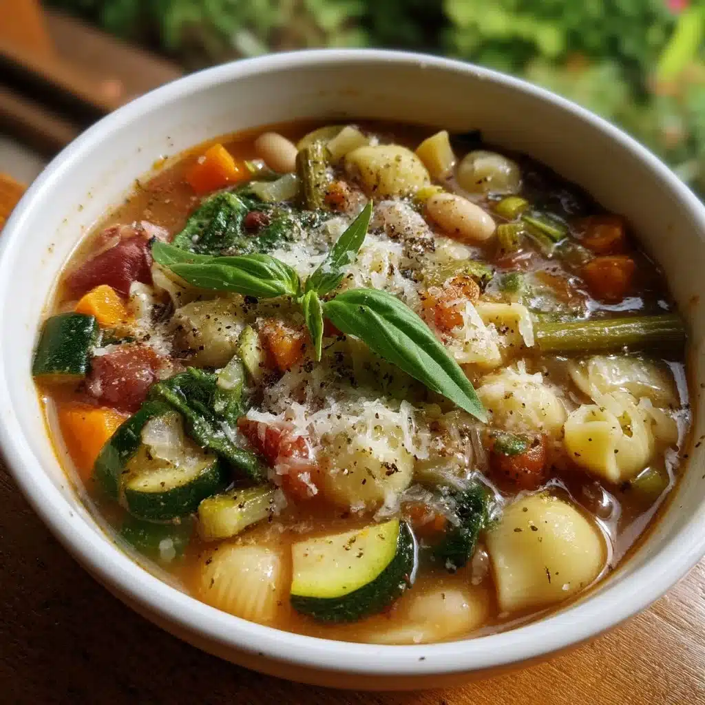 Veggie-Packed Minestrone Soup 4 Bowl of veggie-packed minestrone soup filled with colorful vegetables and pasta.