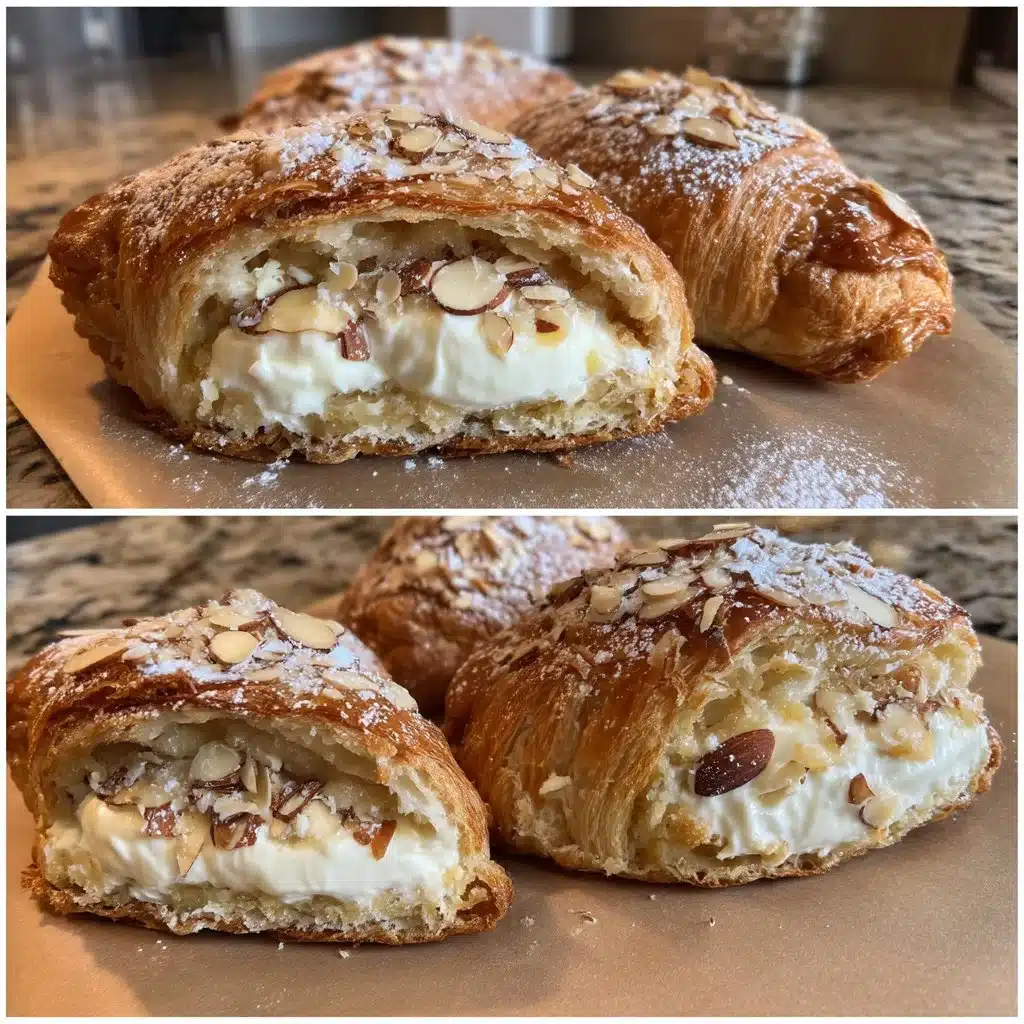 Almond Croissants with Mascarpone Filling 4 Almond croissants filled with mascarpone cream and topped with sliced almonds.