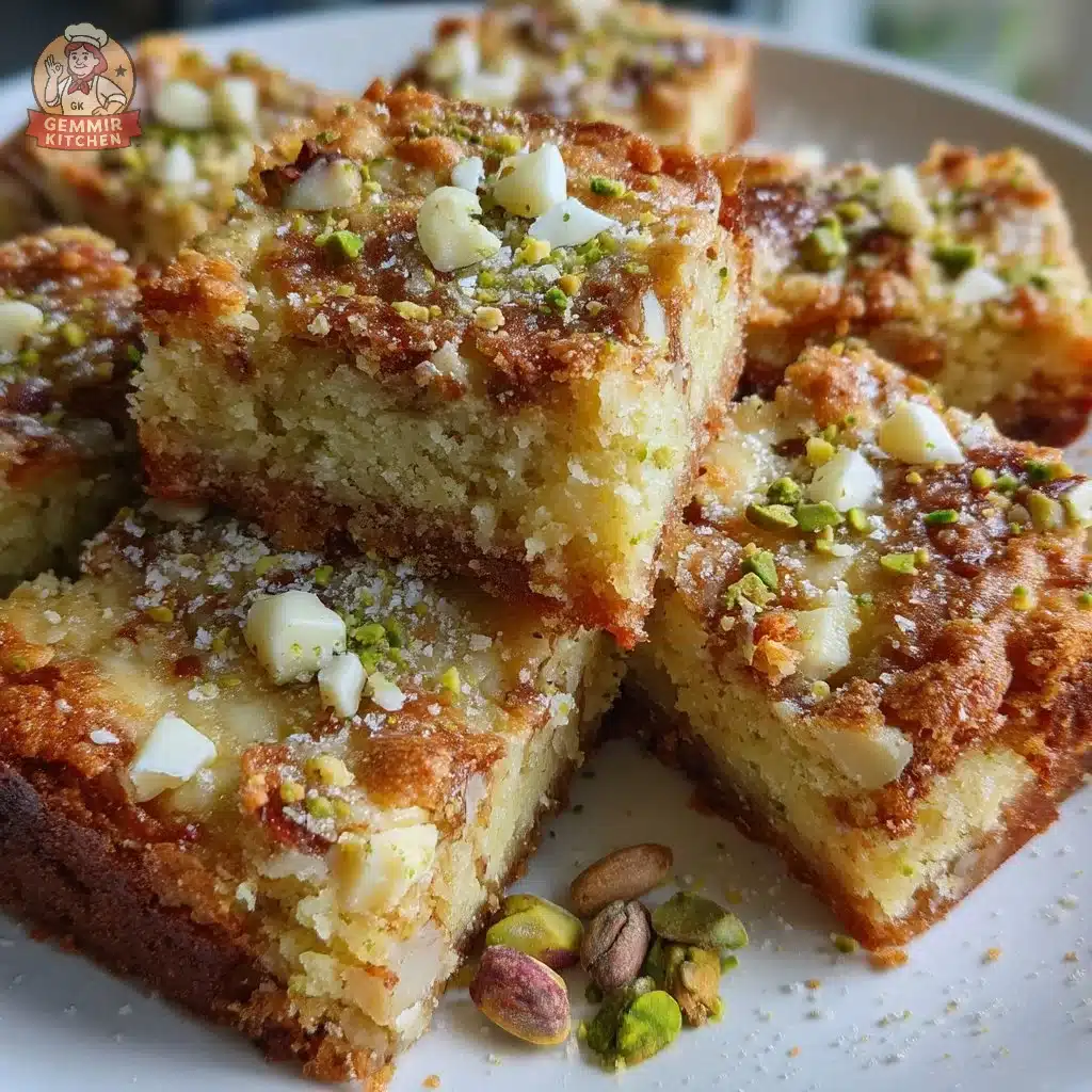 Almond Ricotta Blondie Squares with Pistachio Crunch 4 Delicious Almond Ricotta Blondie squares with a pistachio crunch topping