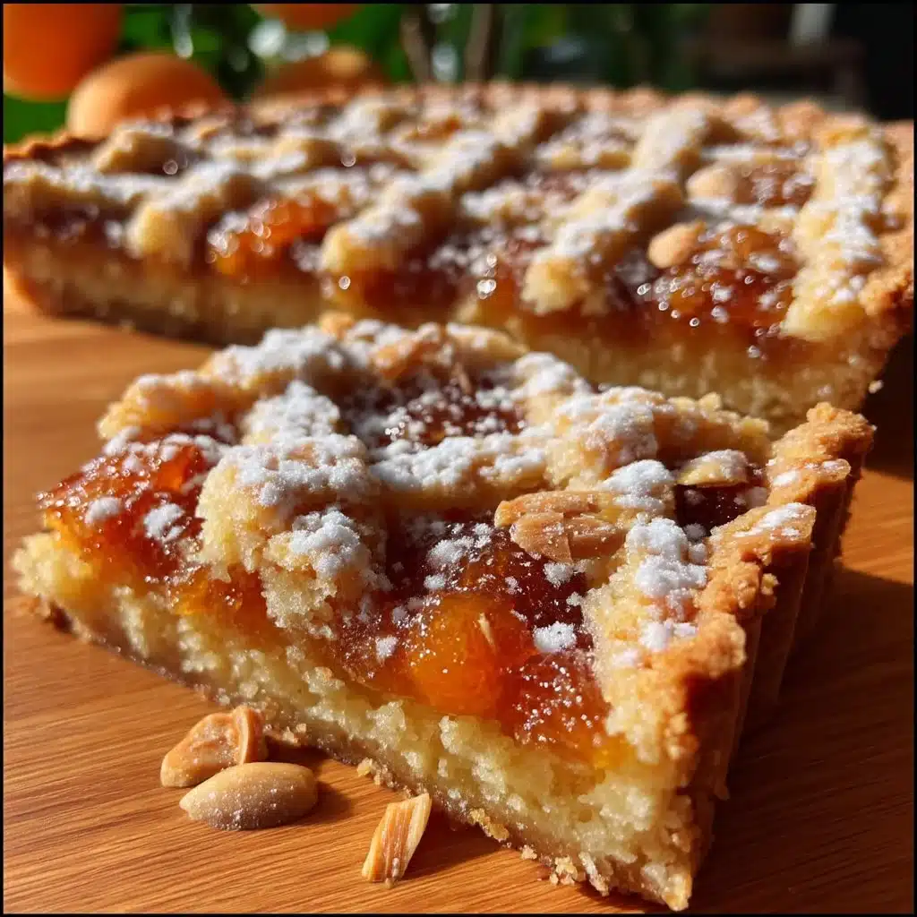 Freshly baked apricot almond crostata topped with almonds and apricot slices