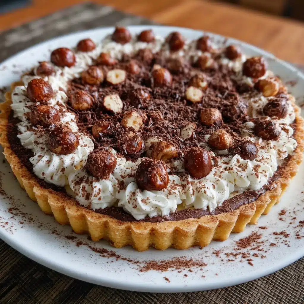 Decadent chocolate hazelnut mascarpone tart topped with hazelnuts
