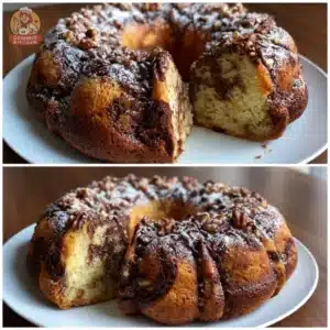 Chocolate hazelnut ricotta swirl bundt cake beautifully displayed on a dessert table.