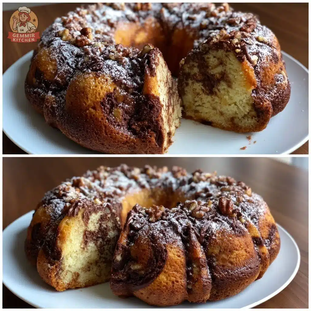 Chocolate hazelnut ricotta swirl bundt cake beautifully displayed on a dessert table.