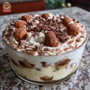 Delicious creamy ricotta tiramisu trifle in a glass dish, topped with cocoa powder.