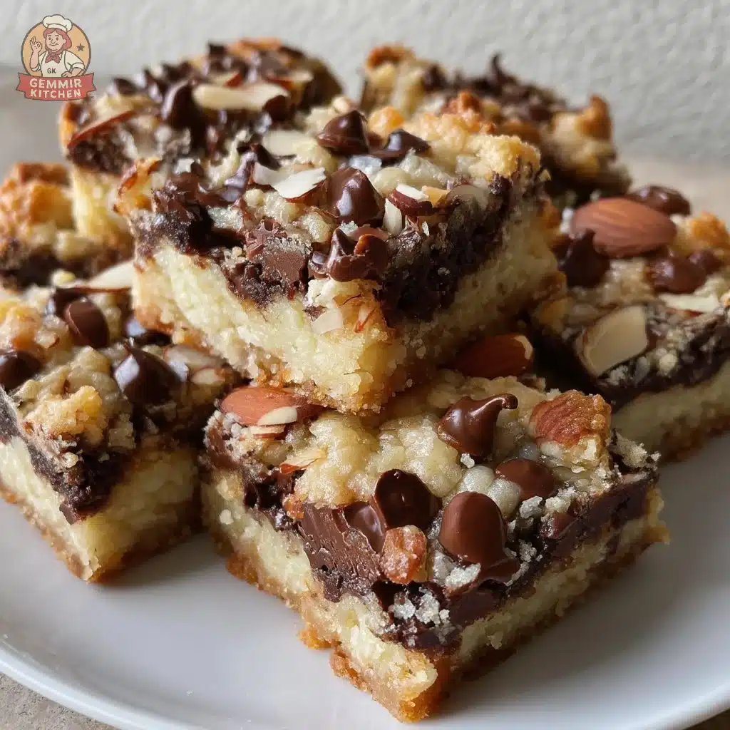 Dark chocolate almond ricotta crumble bars on a plate garnished with nuts