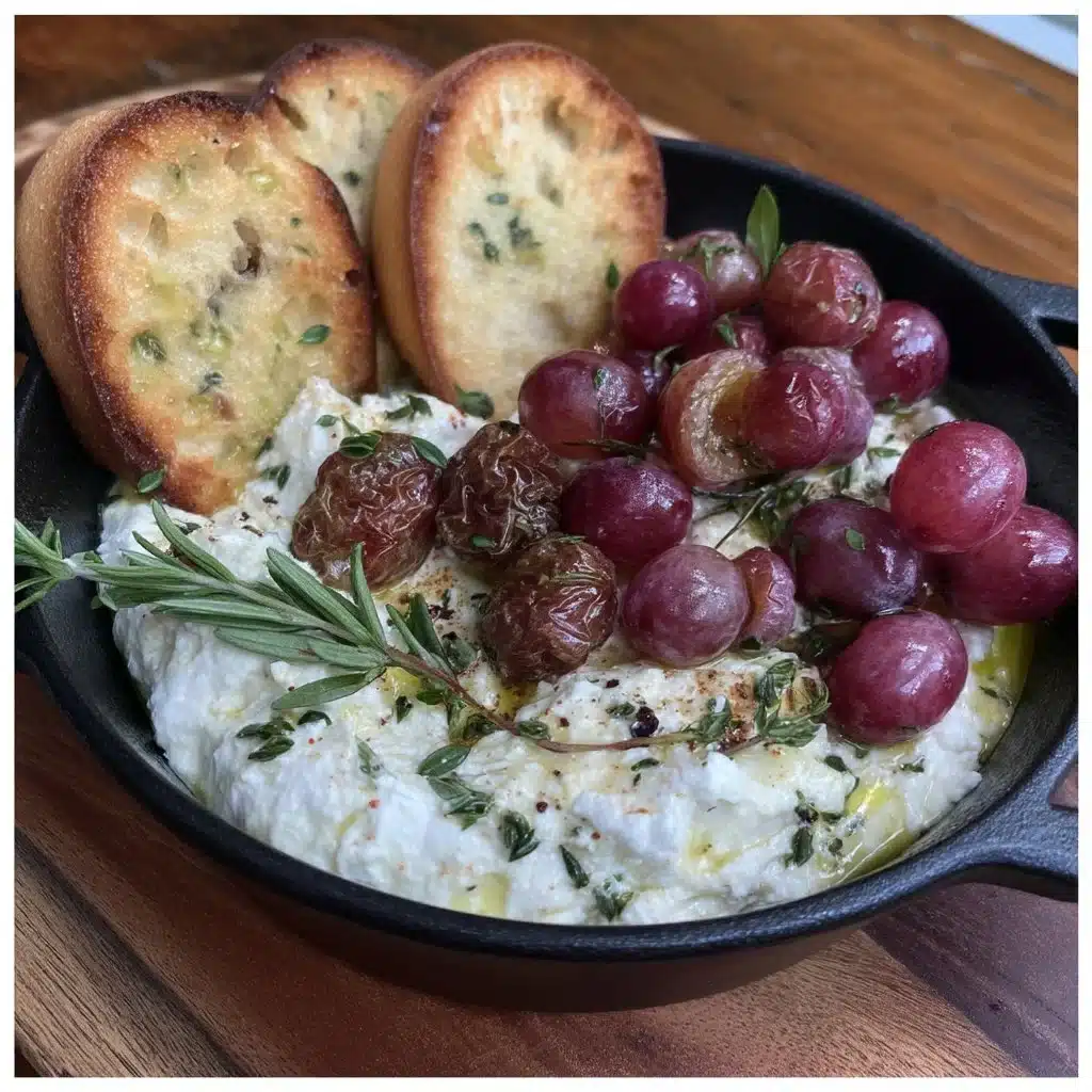 Herbed Ricotta Dip with Roasted Grapes 4 Herbed ricotta dip served with roasted grapes in a rustic bowl.