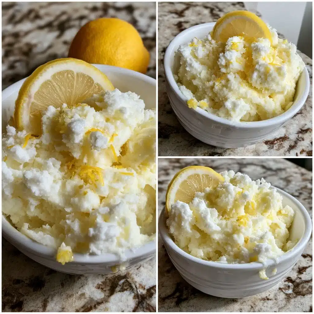 A bowl of delicious Lemon Ricotta Sorbet garnished with fresh lemon slices.