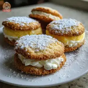 Limoncello ricotta cookie sandwiches with mascarpone filling on a plate